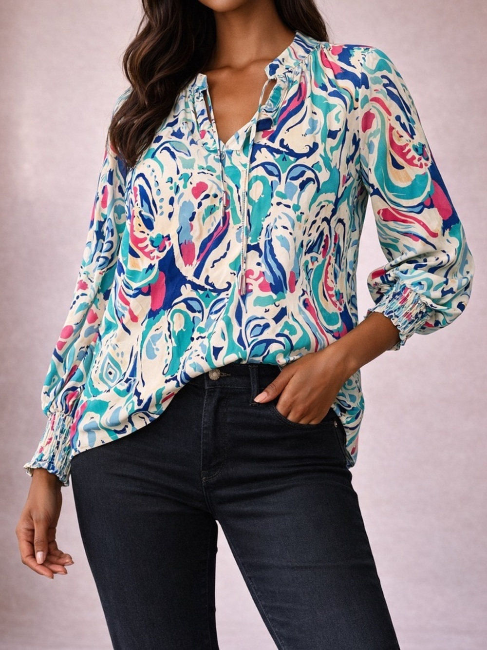 Colorful Paisley Blouse Boho Chic Balloon Sleeve Size L